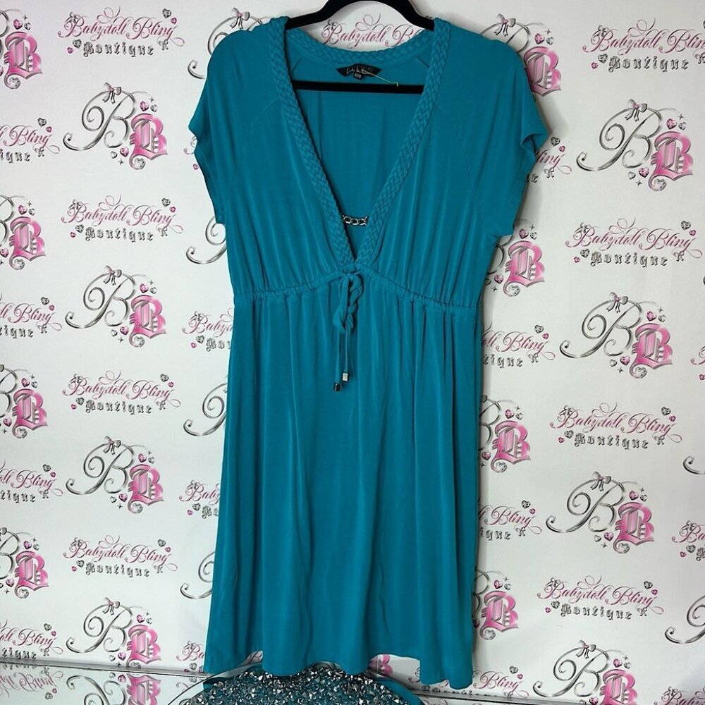 Original Nicole miller dress chain link detail braided Teal Short Sleeve Dress